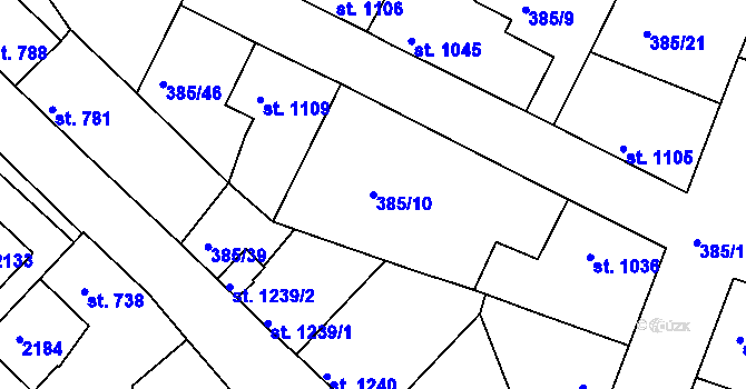 Parcela st. 385/10 v KÚ Slaný, Katastrální mapa
