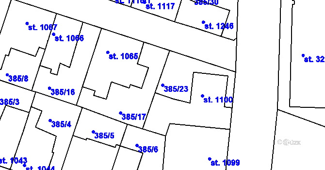 Parcela st. 385/23 v KÚ Slaný, Katastrální mapa