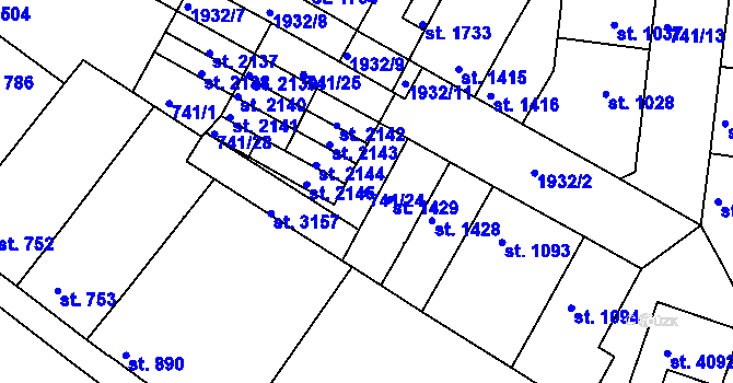 Parcela st. 741/24 v KÚ Slaný, Katastrální mapa