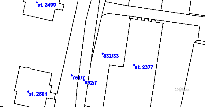 Parcela st. 832/33 v KÚ Slaný, Katastrální mapa