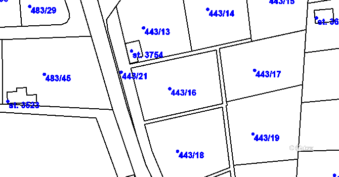 Parcela st. 443/16 v KÚ Slaný, Katastrální mapa