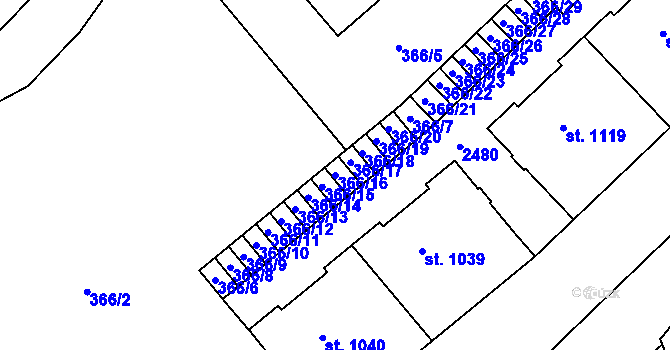 Parcela st. 366/16 v KÚ Slaný, Katastrální mapa