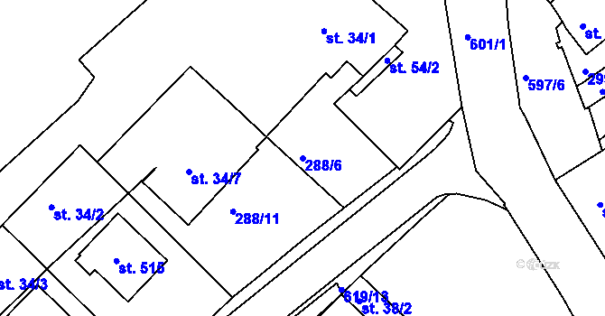 Parcela st. 288/6 v KÚ Kvíc, Katastrální mapa