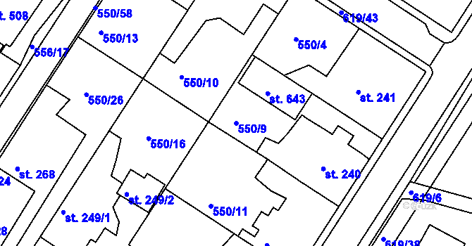 Parcela st. 550/9 v KÚ Kvíc, Katastrální mapa