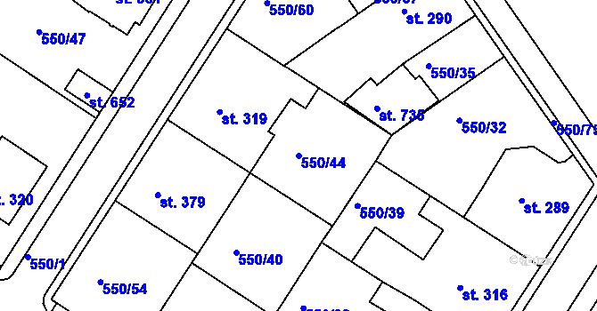Parcela st. 550/44 v KÚ Kvíc, Katastrální mapa