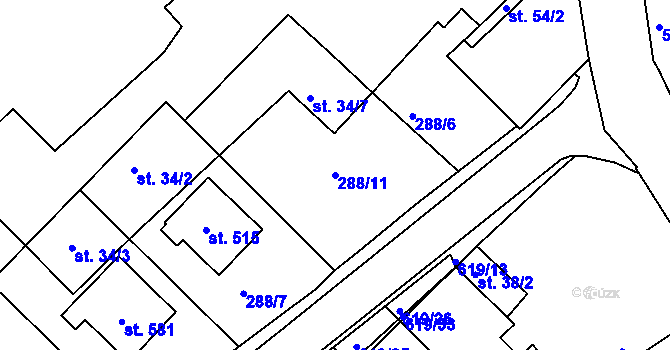 Parcela st. 288/11 v KÚ Kvíc, Katastrální mapa