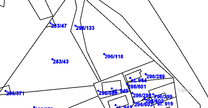 Parcela st. 296/118 v KÚ Přestavlky u Slap, Katastrální mapa