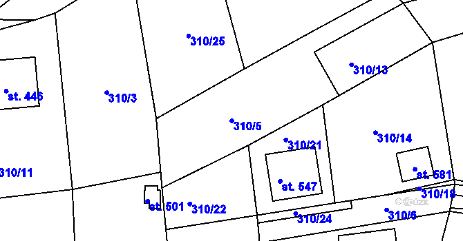 Parcela st. 310/5 v KÚ Slapy nad Vltavou, Katastrální mapa