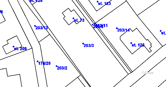 Parcela st. 203/3 v KÚ Kunčí, Katastrální mapa