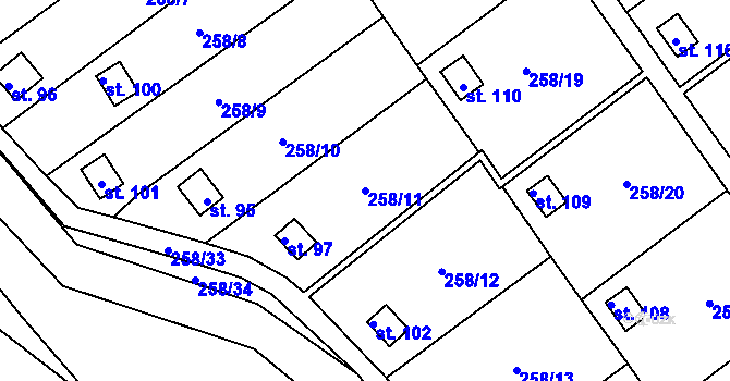 Parcela st. 258/11 v KÚ Kunčí, Katastrální mapa