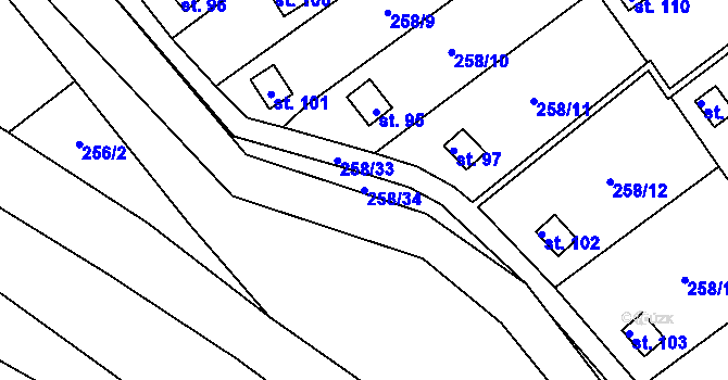 Parcela st. 258/34 v KÚ Kunčí, Katastrální mapa