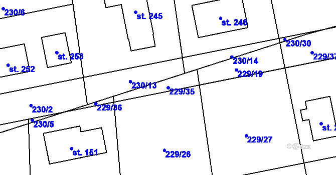 Parcela st. 229/35 v KÚ Kunčí, Katastrální mapa