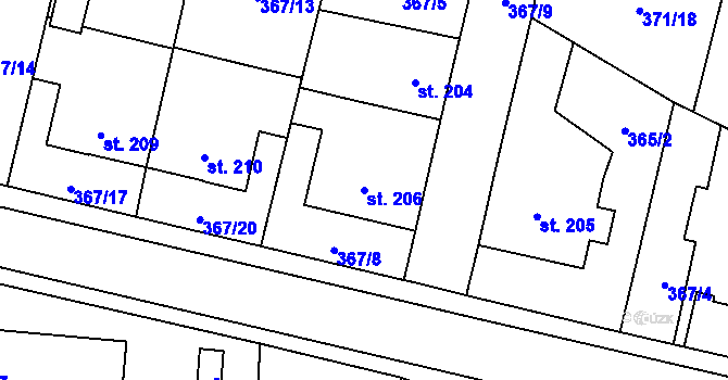 Parcela st. 206 v KÚ Slatiňany, Katastrální mapa