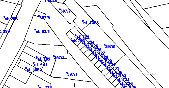 Parcela st. 725 v KÚ Slatiňany, Katastrální mapa