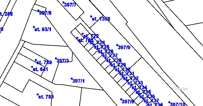 Parcela st. 727 v KÚ Slatiňany, Katastrální mapa