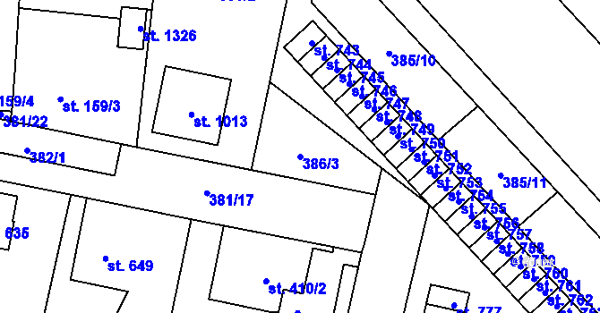 Parcela st. 386/3 v KÚ Slatiňany, Katastrální mapa
