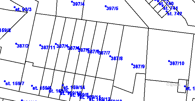 Parcela st. 387/7 v KÚ Slatiňany, Katastrální mapa