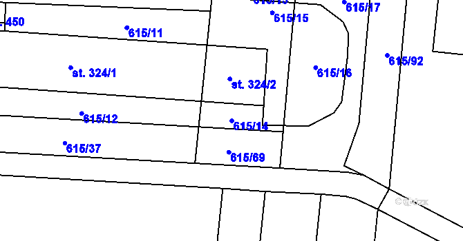 Parcela st. 615/14 v KÚ Slatinice na Hané, Katastrální mapa