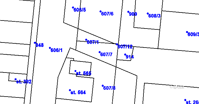 Parcela st. 607/7 v KÚ Slatinice na Hané, Katastrální mapa