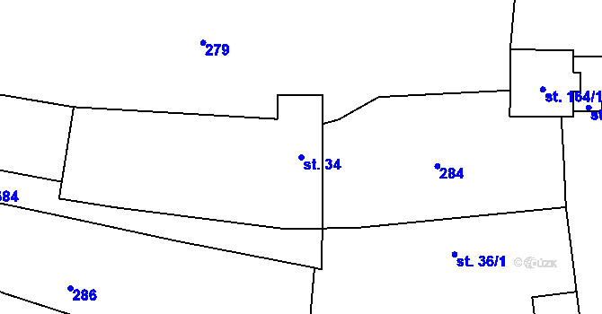 Parcela st. 34 v KÚ Mohuřice, Katastrální mapa