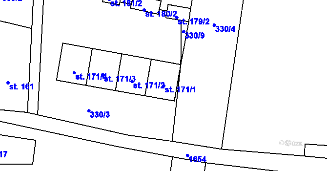 Parcela st. 171/1 v KÚ Mohuřice, Katastrální mapa
