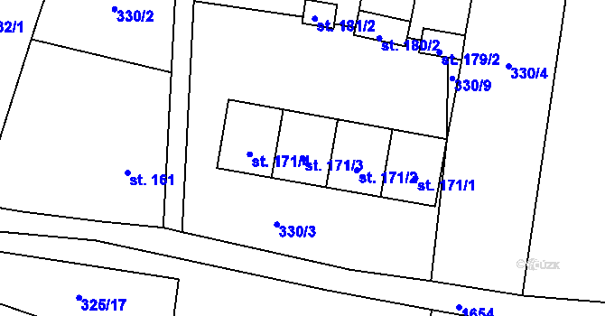 Parcela st. 171/3 v KÚ Mohuřice, Katastrální mapa