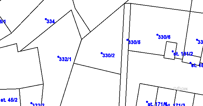 Parcela st. 330/2 v KÚ Mohuřice, Katastrální mapa