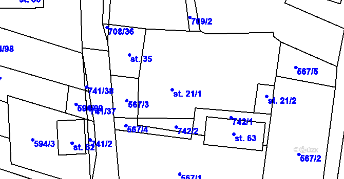 Parcela st. 21/1 v KÚ Řísnice, Katastrální mapa
