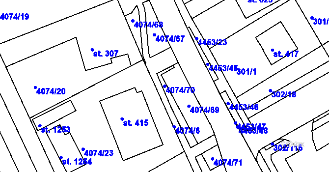 Parcela st. 4074/70 v KÚ Slavičín, Katastrální mapa