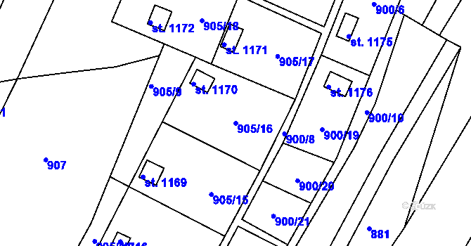 Parcela st. 905/16 v KÚ Slavičín, Katastrální mapa