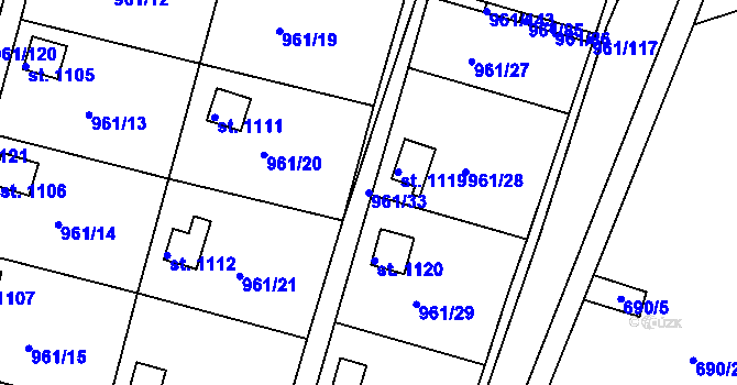 Parcela st. 961/33 v KÚ Slavičín, Katastrální mapa