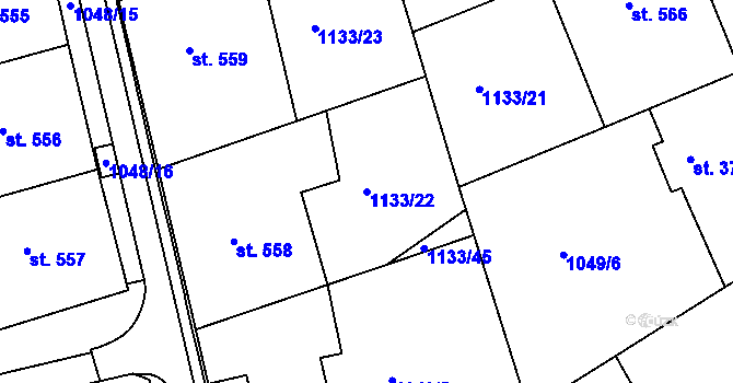 Parcela st. 1133/22 v KÚ Slavičín, Katastrální mapa