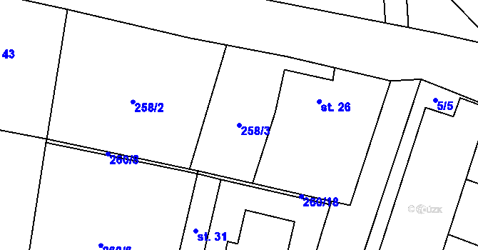 Parcela st. 258/3 v KÚ Okrašovice, Katastrální mapa