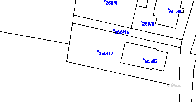 Parcela st. 260/17 v KÚ Okrašovice, Katastrální mapa