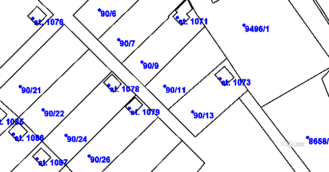 Parcela st. 90/11 v KÚ Slavonice, Katastrální mapa