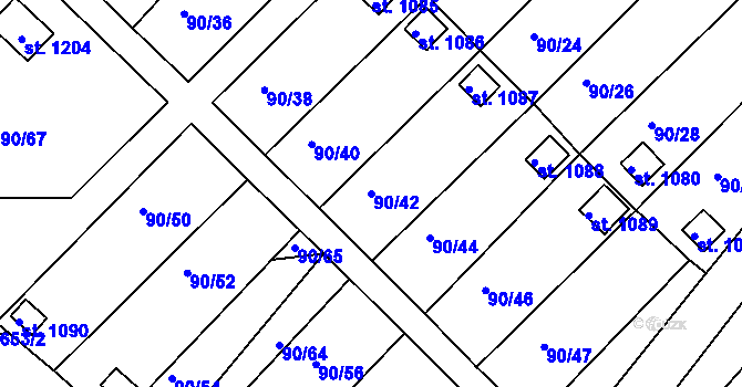 Parcela st. 90/42 v KÚ Slavonice, Katastrální mapa