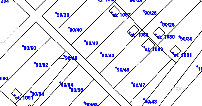 Parcela st. 90/44 v KÚ Slavonice, Katastrální mapa