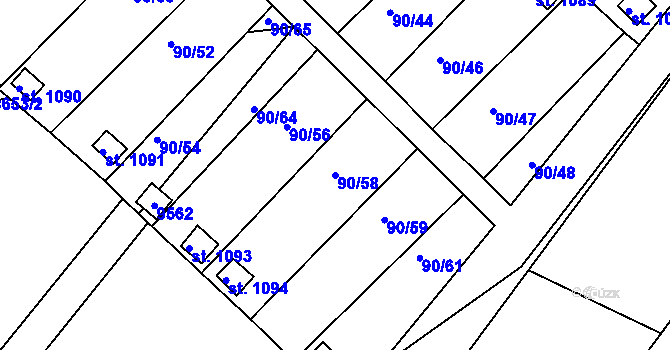Parcela st. 90/58 v KÚ Slavonice, Katastrální mapa