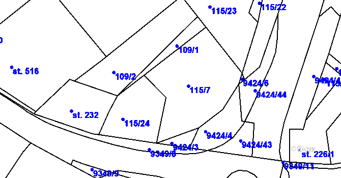 Parcela st. 115/7 v KÚ Slavonice, Katastrální mapa
