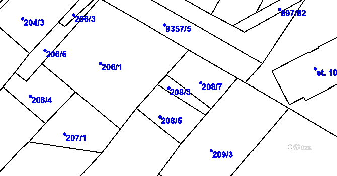 Parcela st. 208/3 v KÚ Slavonice, Katastrální mapa