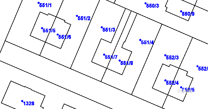 Parcela st. 551/7 v KÚ Slavonín, Katastrální mapa