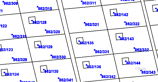 Parcela st. 862/135 v KÚ Slavonín, Katastrální mapa