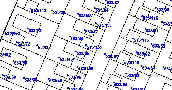 Parcela st. 533/135 v KÚ Slavonín, Katastrální mapa