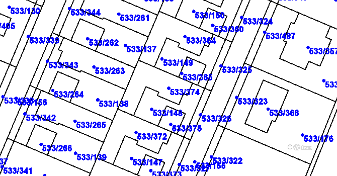 Parcela st. 533/374 v KÚ Slavonín, Katastrální mapa