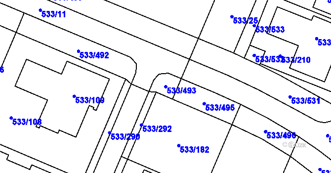 Parcela st. 533/493 v KÚ Slavonín, Katastrální mapa
