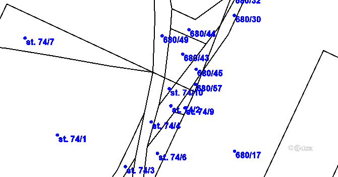 Parcela st. 74/10 v KÚ Hranice u Slavošova, Katastrální mapa