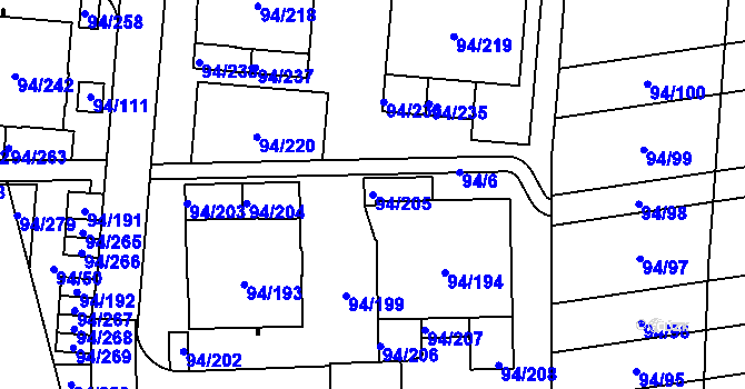 Parcela st. 94/205 v KÚ Slivenec, Katastrální mapa