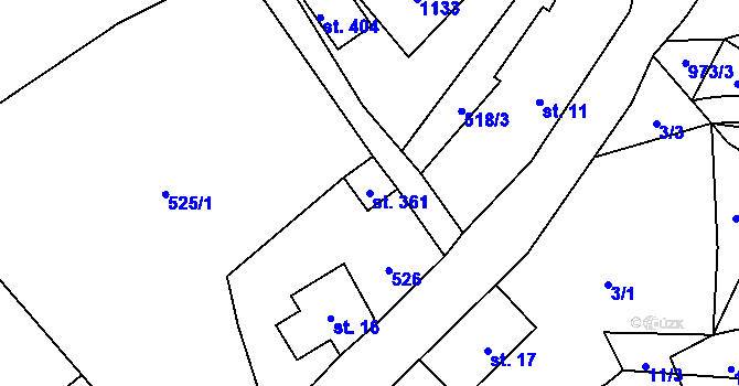 Parcela st. 361 v KÚ Radvanec, Katastrální mapa