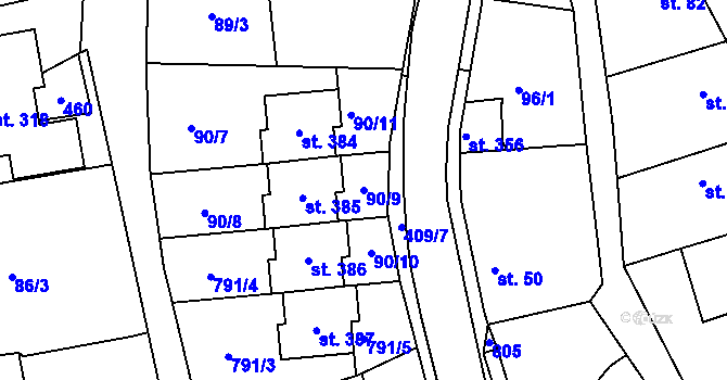 Parcela st. 90/9 v KÚ Sluhy, Katastrální mapa