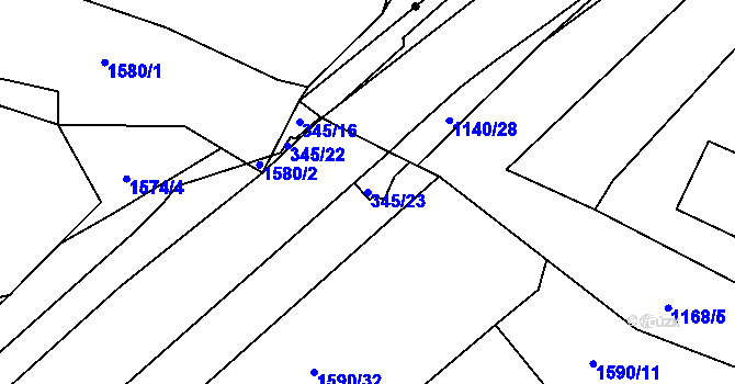 Parcela st. 345/23 v KÚ Slušovice, Katastrální mapa